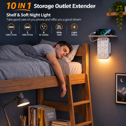 10 in 1 Wall Outlet Extender with Shelf & Night Light