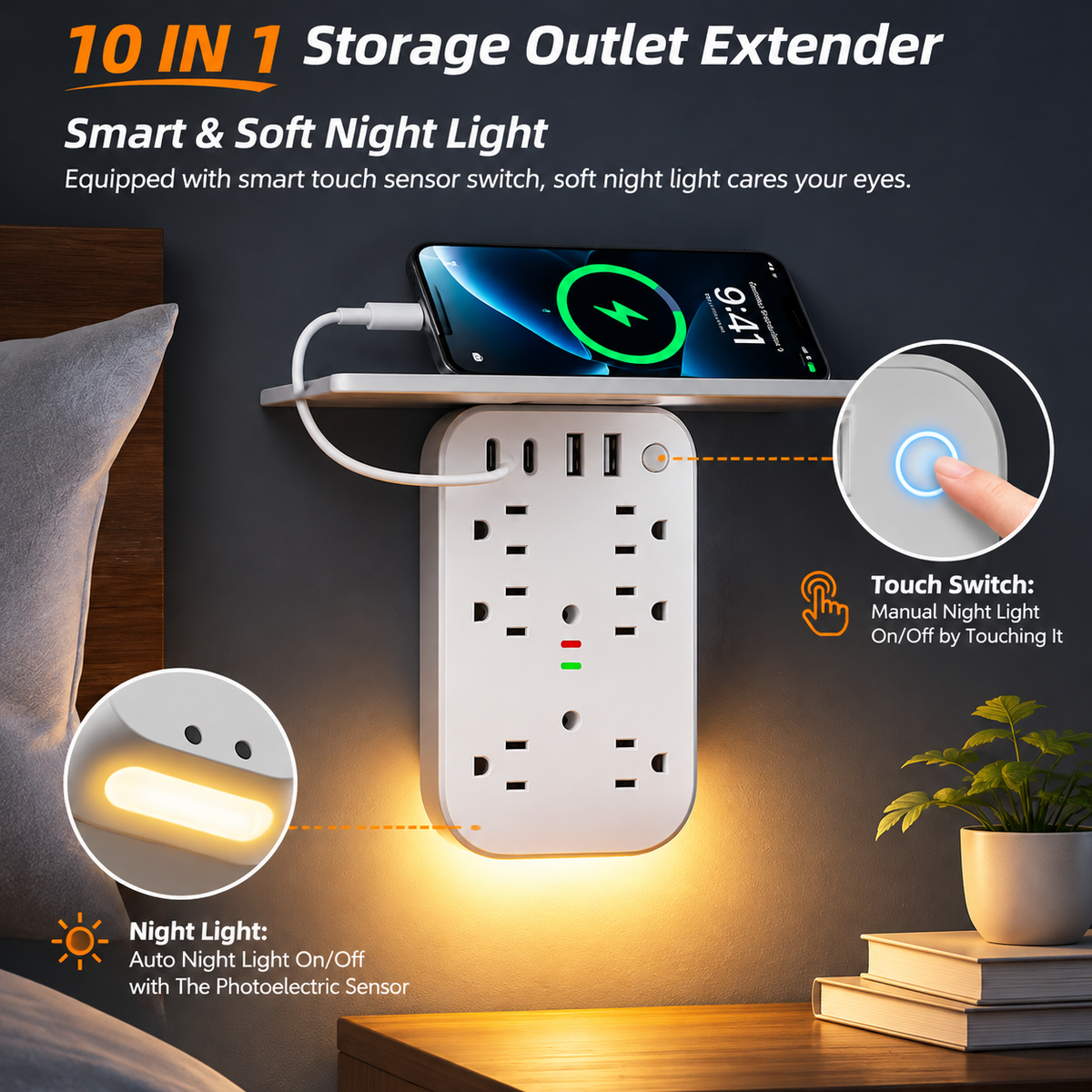 10 in 1 Wall Outlet Extender with Shelf & Night Light