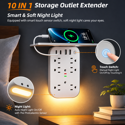 10 in 1 Wall Outlet Extender with Shelf & Night Light