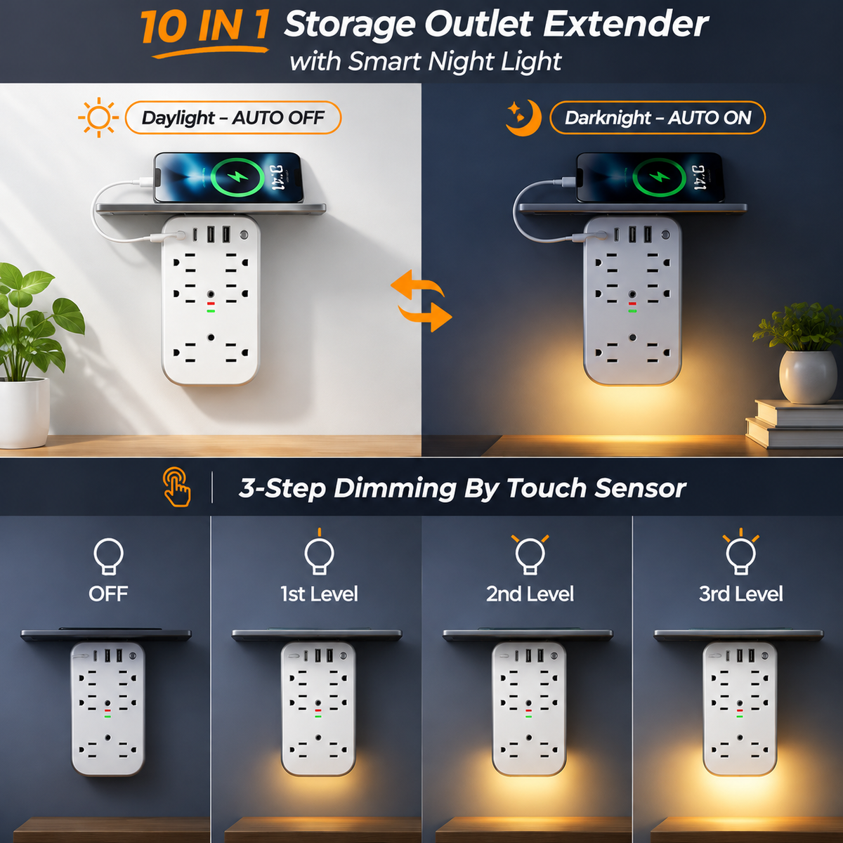 10 in 1 Wall Outlet Extender with Shelf & Night Light