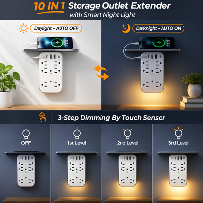 10 in 1 Wall Outlet Extender with Shelf & Night Light