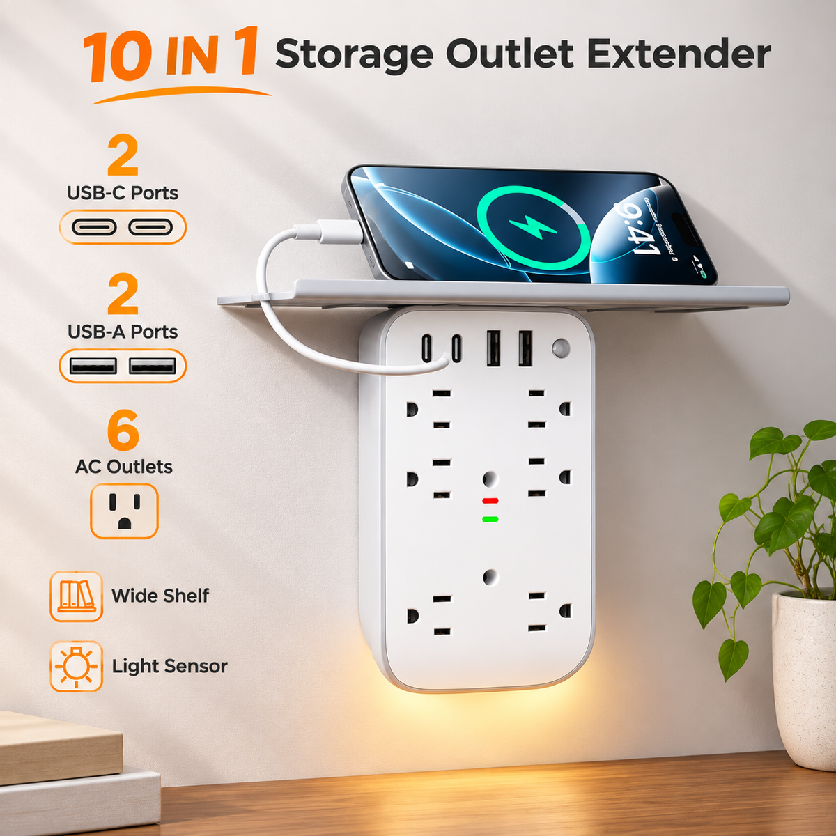 10 in 1 Wall Outlet Extender with Shelf & Night Light