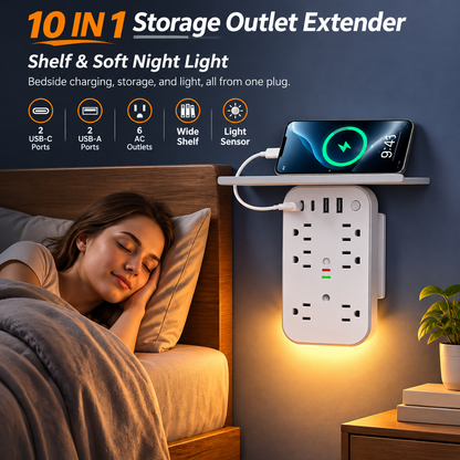 10 in 1 Wall Outlet Extender with Shelf & Night Light