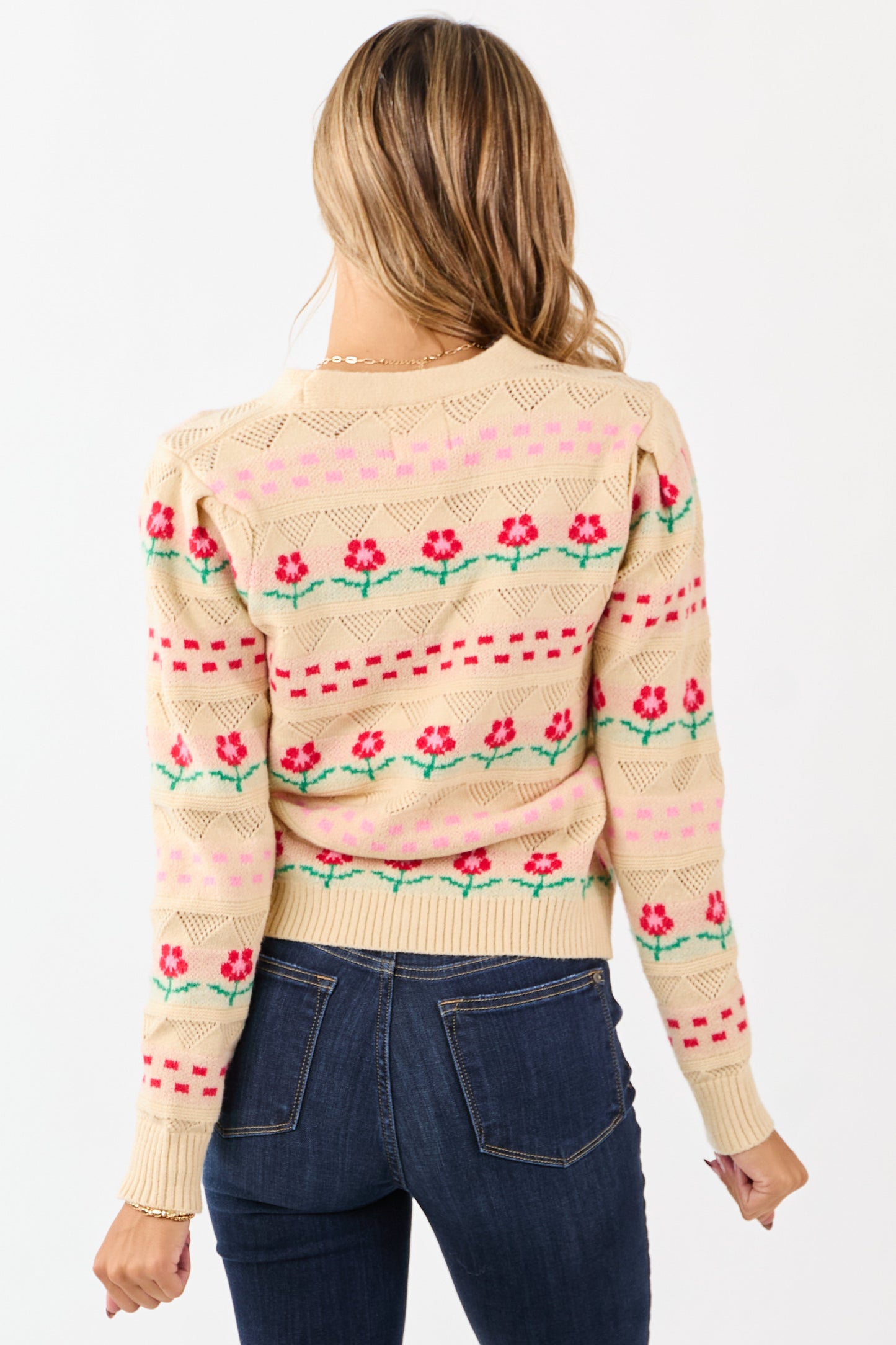 Almond Floral Print Pointelle Knit Cardigan