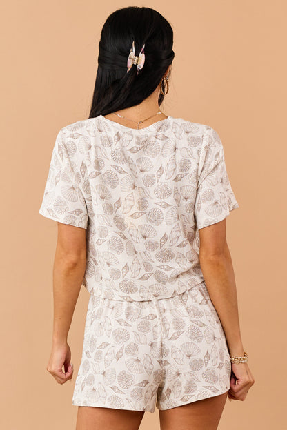 Almond Linen Blend Seashell Print Button Down Top