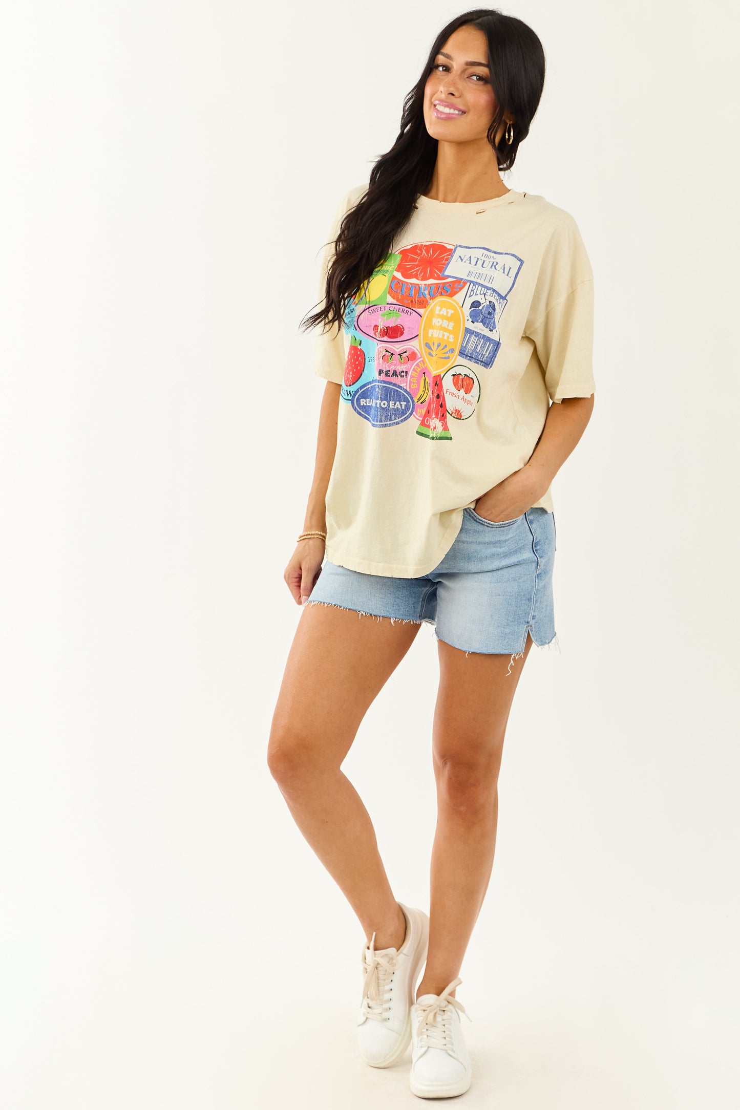 Almond Fruit Sticker Graphic Distressed Cotton Tee
