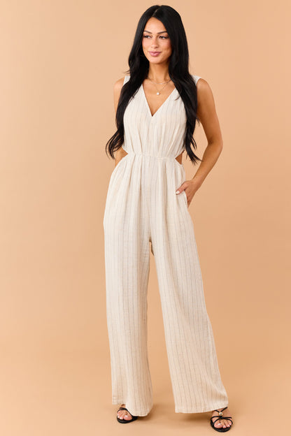 Almond Pinstripe Linen Blend Side Cut Out Jumpsuit