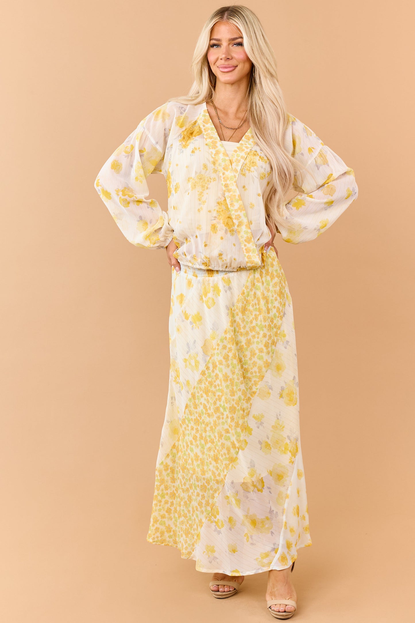 Amber Mixed Floral Print Smocked Waist Maxi Skirt