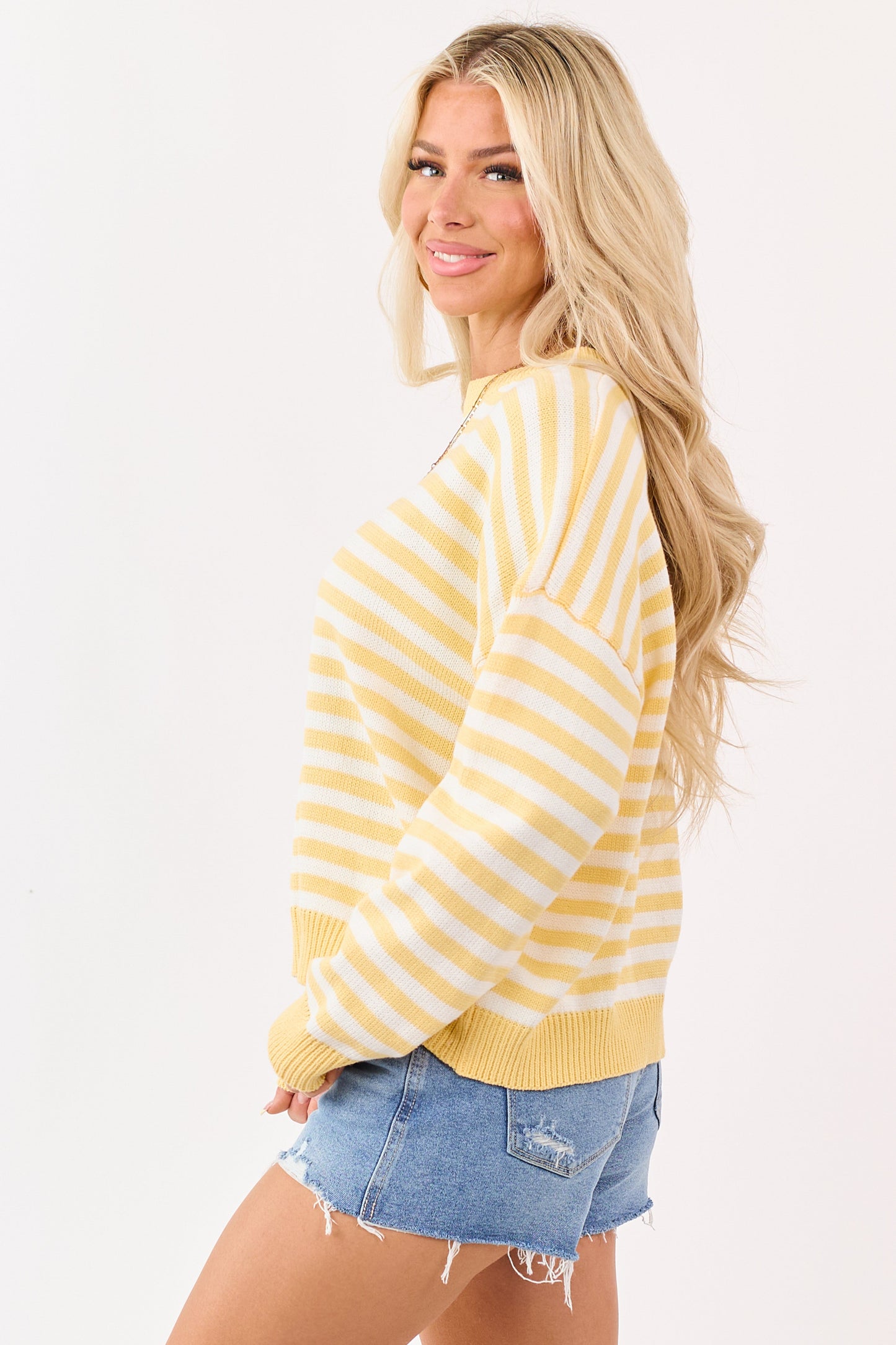 Amber and Ivory Striped Ribbed Knit Sweater
