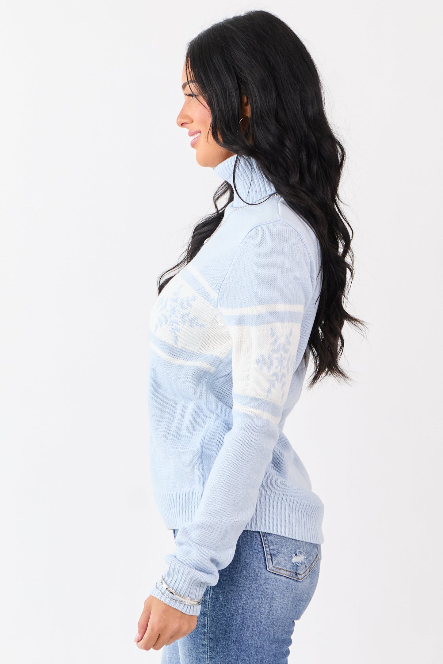 Baby Blue Snowflake Pattern Turtleneck Sweater