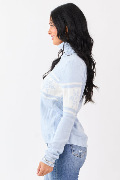 Baby Blue Snowflake Pattern Turtleneck Sweater