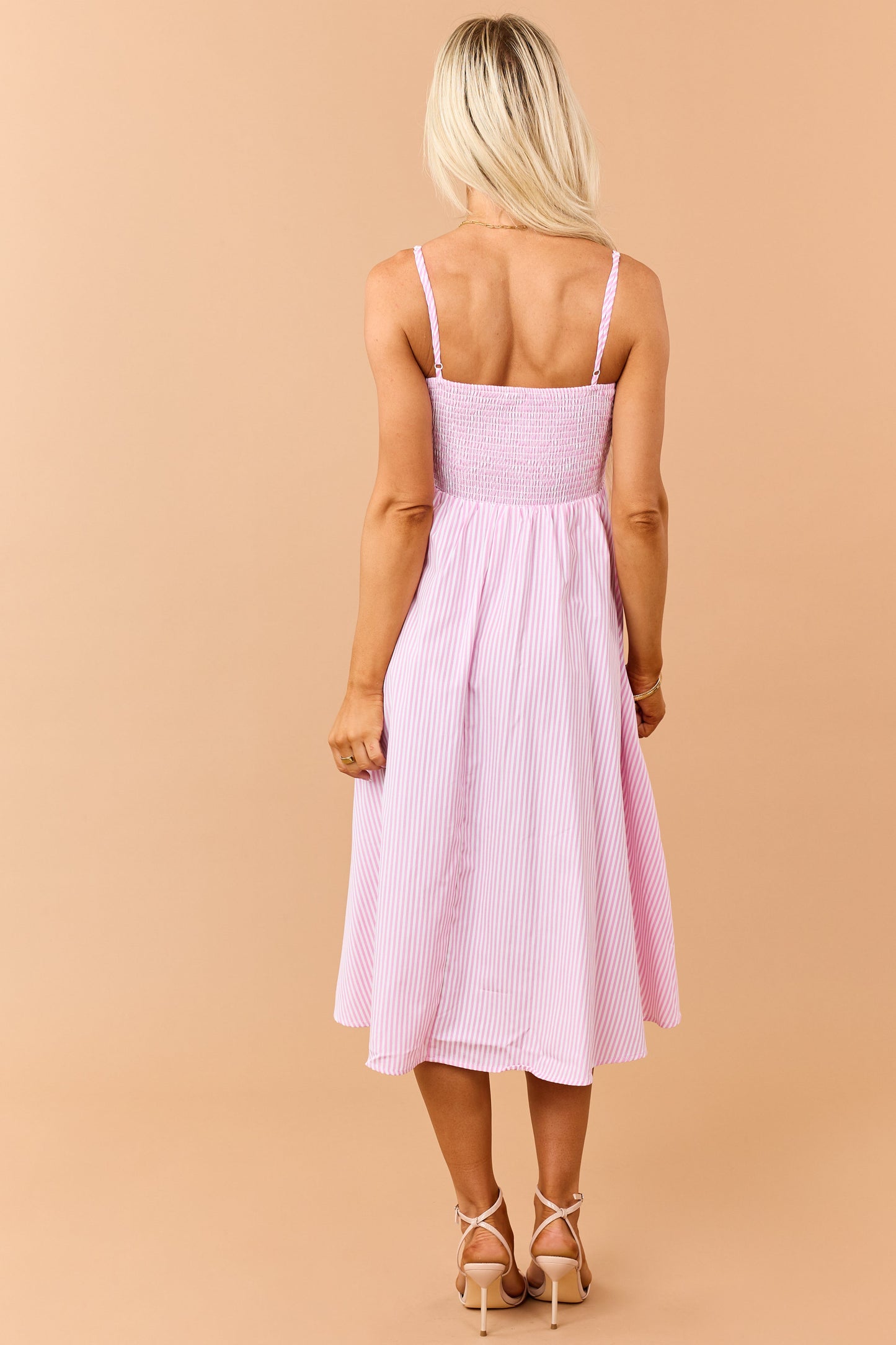 Baby Pink Striped Smocked Back Sleeveless Midi Dress