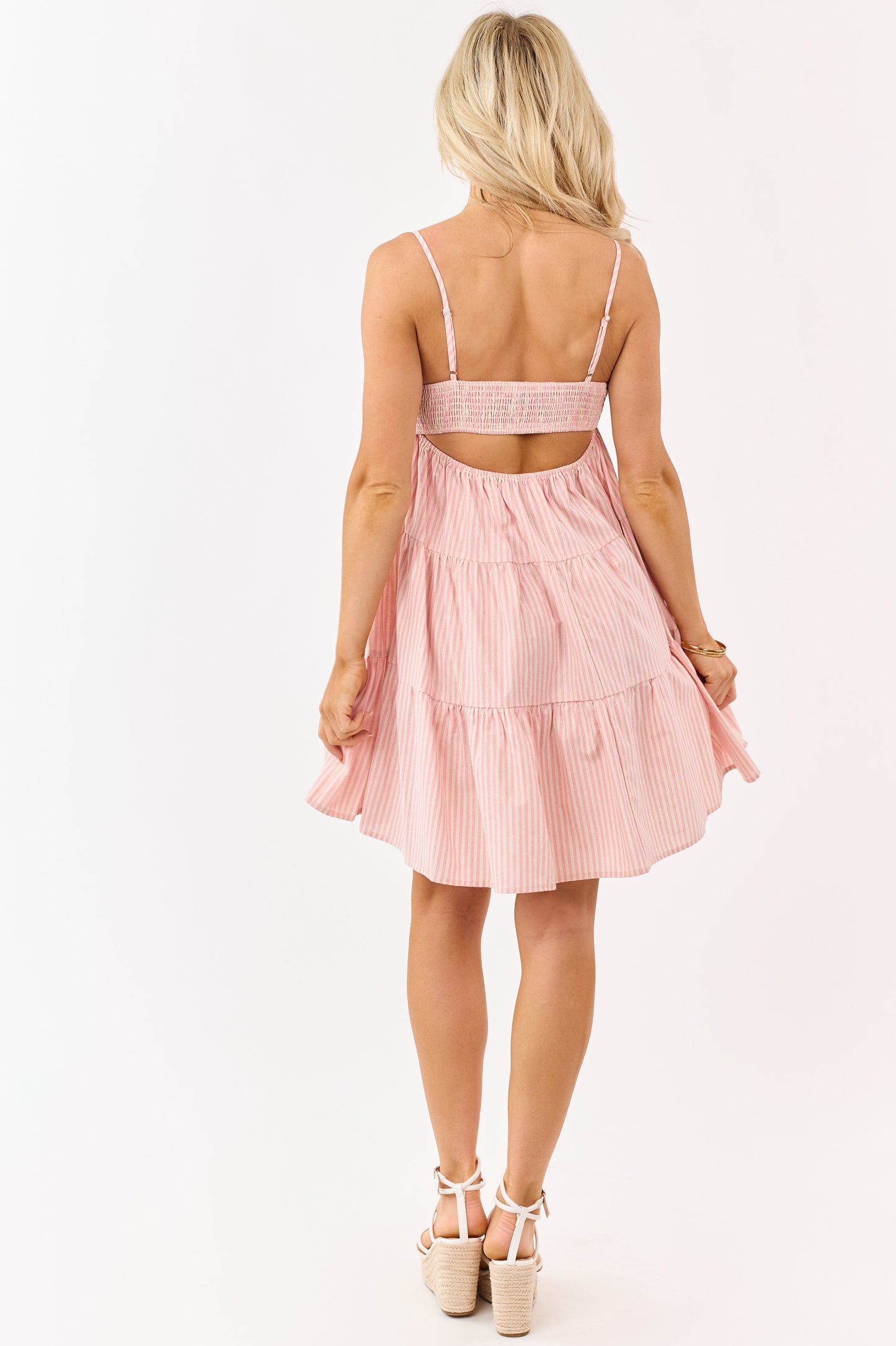 Baby Pink and Almond Striped Tiered Mini Dress