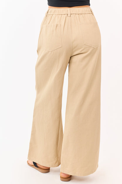 Beige Denim Elastic Waist Wide Leg Pants