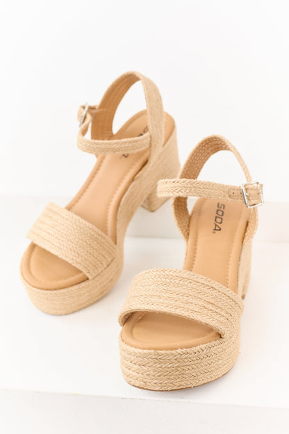 Beige Raffia Platform Ankle Strap Block Heels