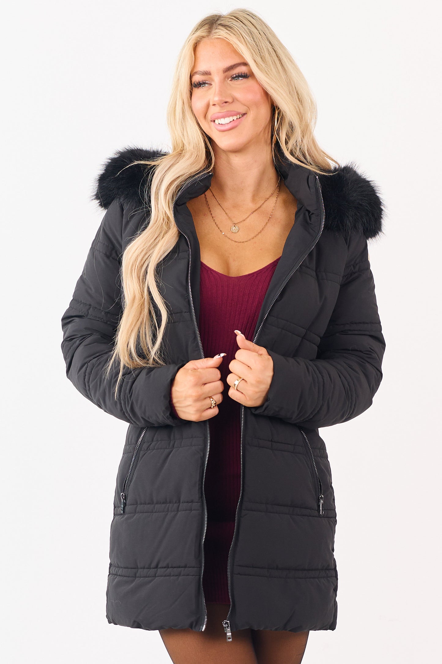 Black Faux Fur Lined Hood Zip Up Long Puffer Coat