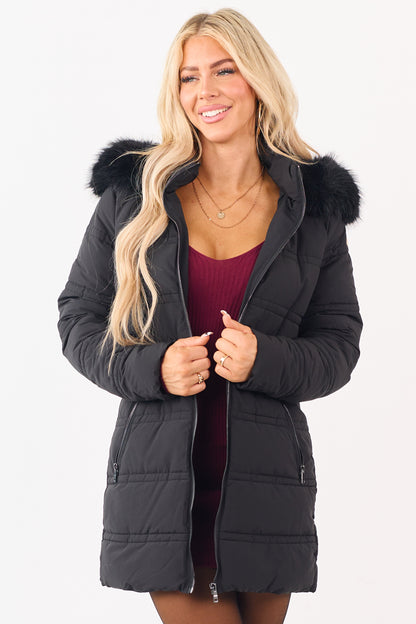 Black Faux Fur Lined Hood Zip Up Long Puffer Coat