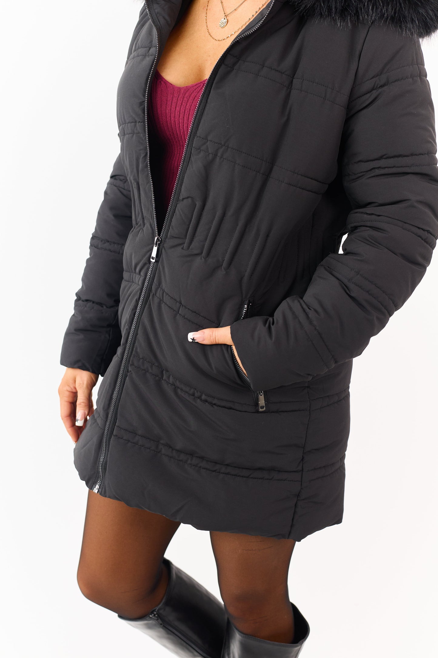 Black Faux Fur Lined Hood Zip Up Long Puffer Coat