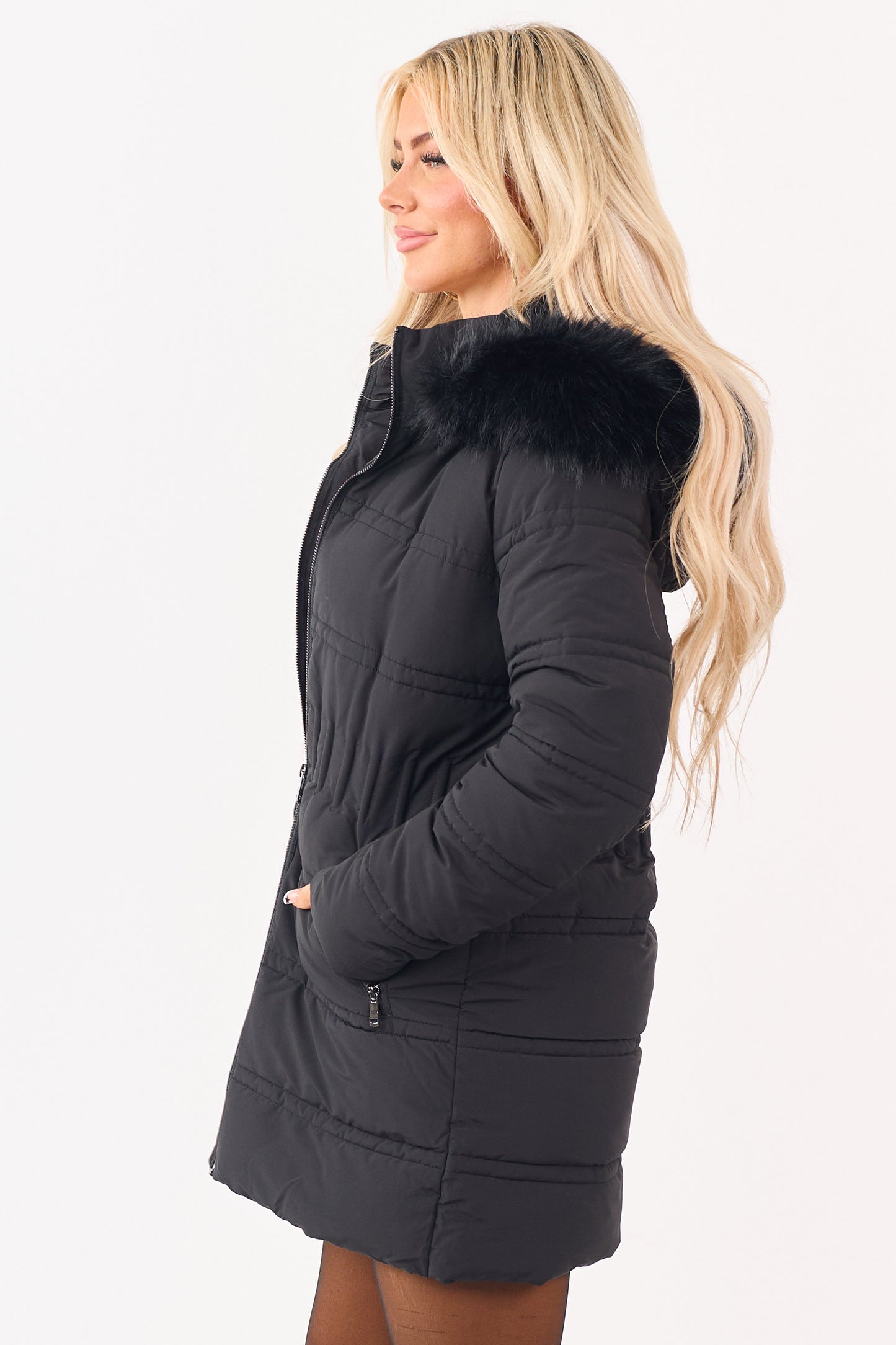 Black Faux Fur Lined Hood Zip Up Long Puffer Coat
