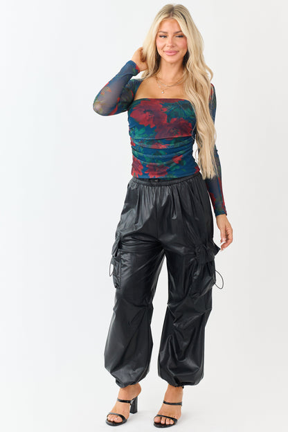 Black Faux Leather Elastic Waist Cargo Pants