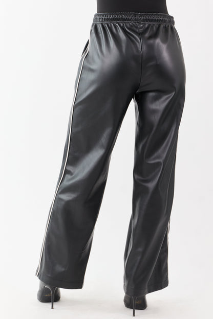 Black Faux Leather Side Line Drawstring Pants