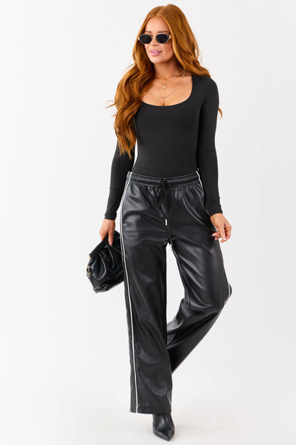 Black Faux Leather Side Line Drawstring Pants