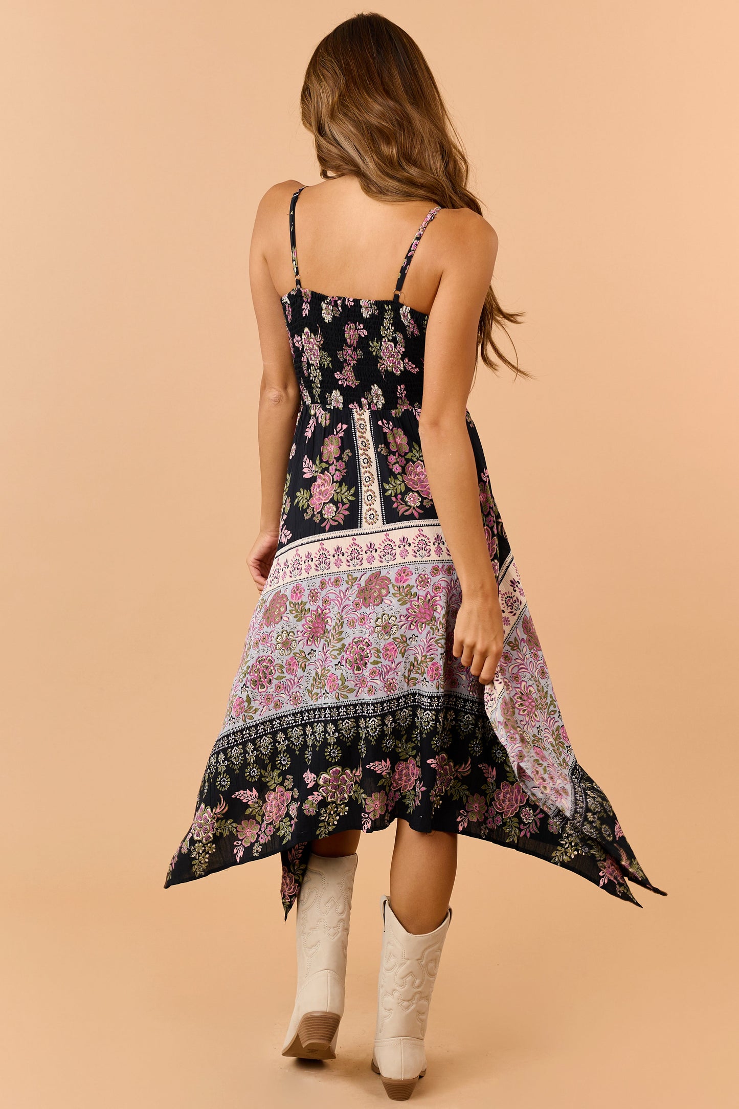 Black Floral Print Handkerchief Hem Midi Dress