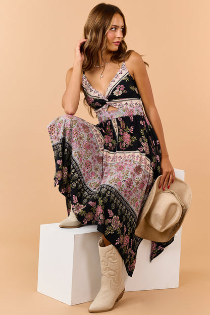 Black Floral Print Handkerchief Hem Midi Dress