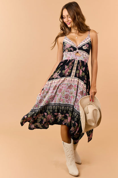 Black Floral Print Handkerchief Hem Midi Dress