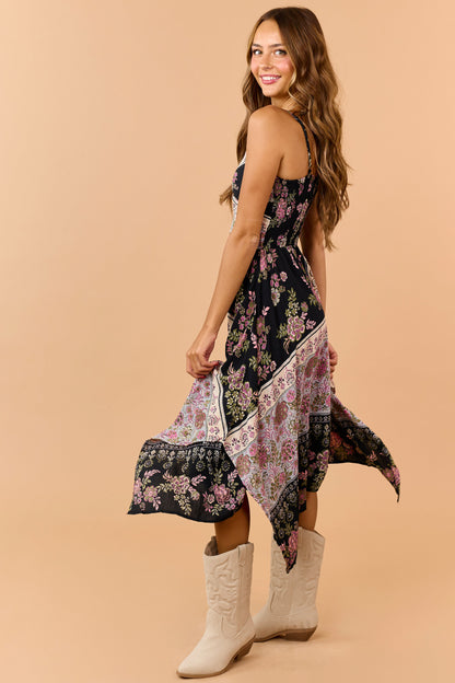 Black Floral Print Handkerchief Hem Midi Dress