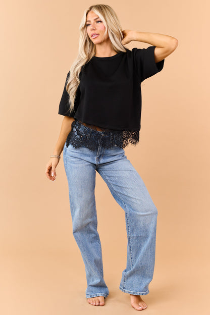 Black Lace Trim Asymmetrical Short Sleeve Top