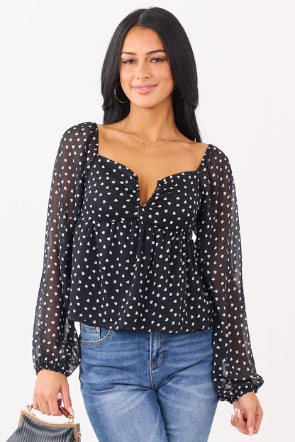 Black Mini Heart Babydoll Bubble Sleeve Blouse