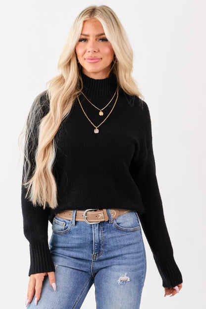 Black Mock Neck Relaxed Ribbed Trim Sweater