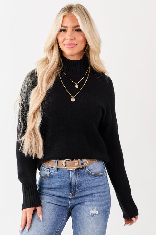 Black Mock Neck Relaxed Ribbed Trim Sweater