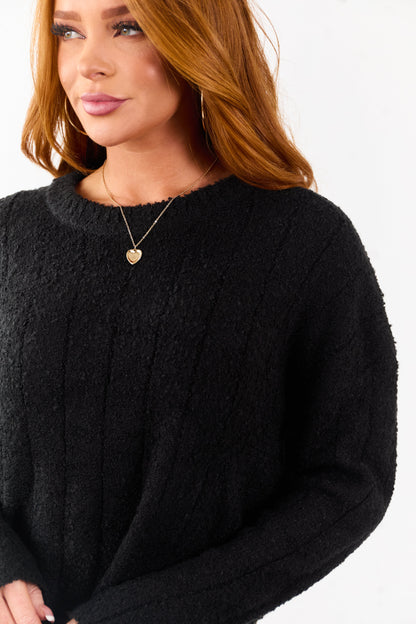 Black Rib Texture Crew Neck Pullover Sweater
