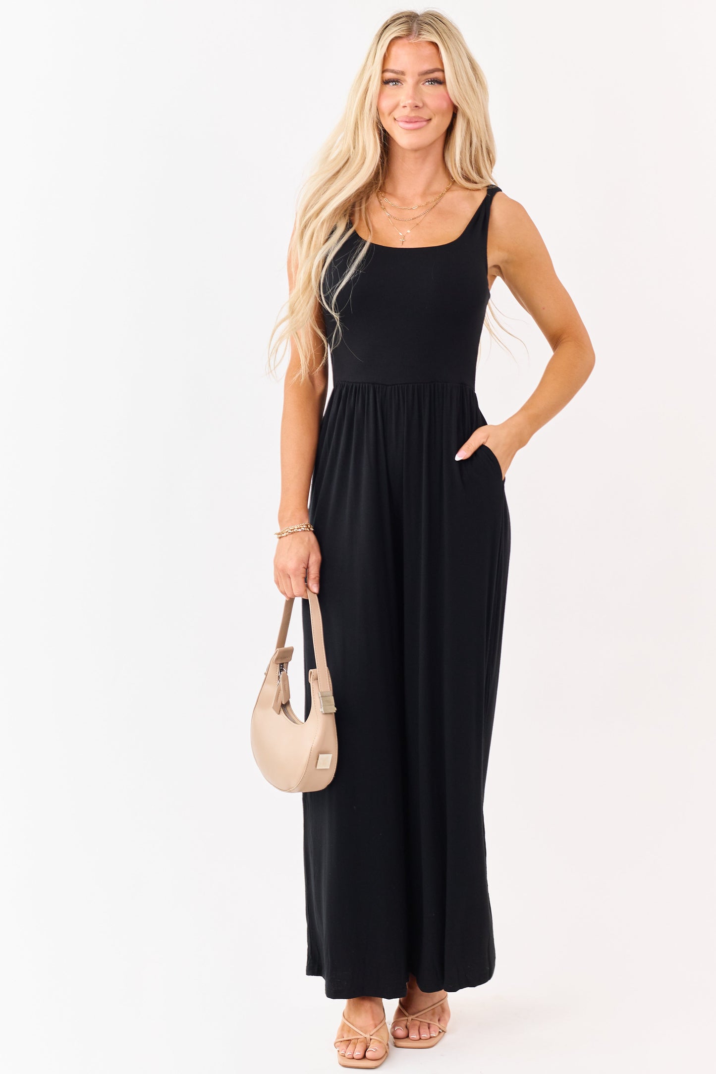 Black Sleeveless Wide Leg Soft Knit Jumpsuit