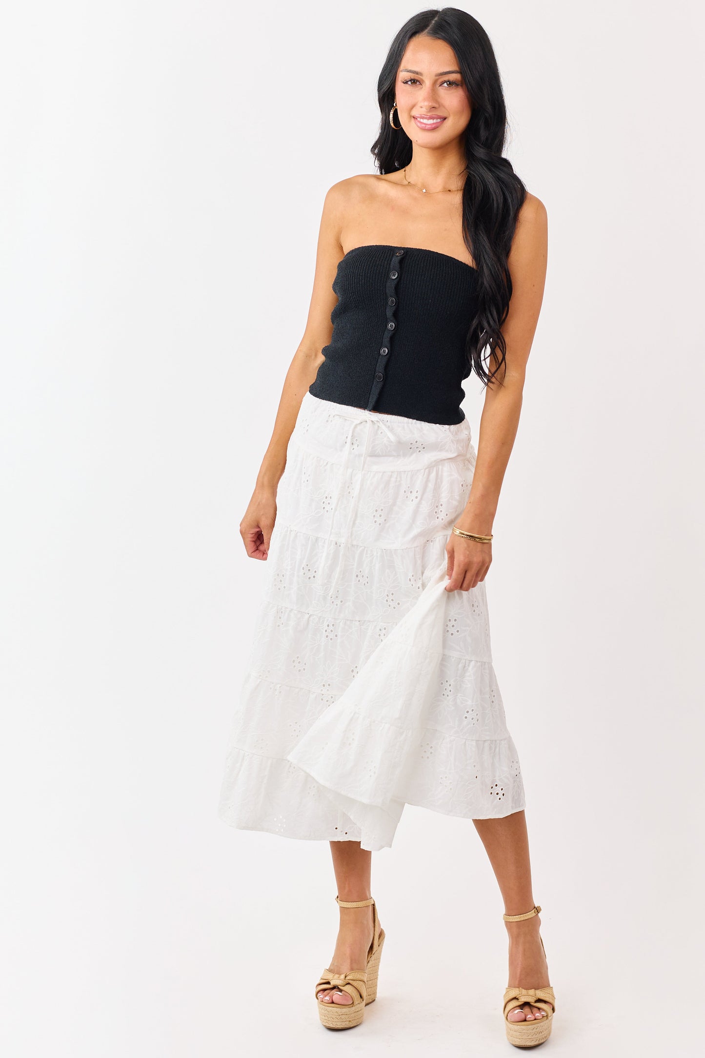 Black Strapless Rib Knit Faux Button Down Top
