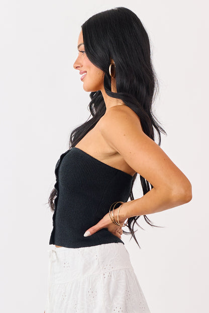 Black Strapless Rib Knit Faux Button Down Top