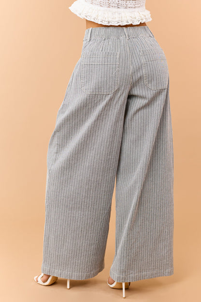 Black Striped Elastic Waistband Wide Leg Pants