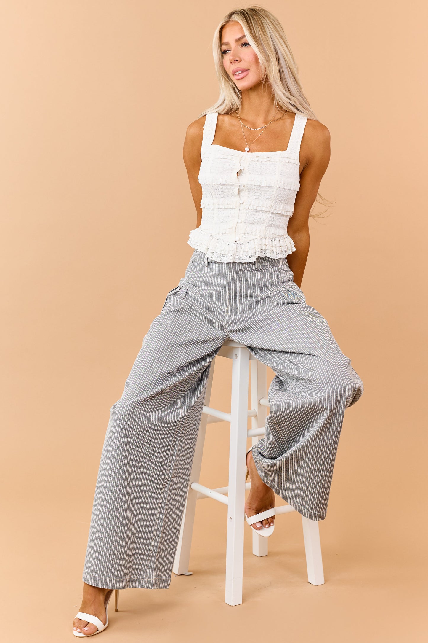 Black Striped Elastic Waistband Wide Leg Pants