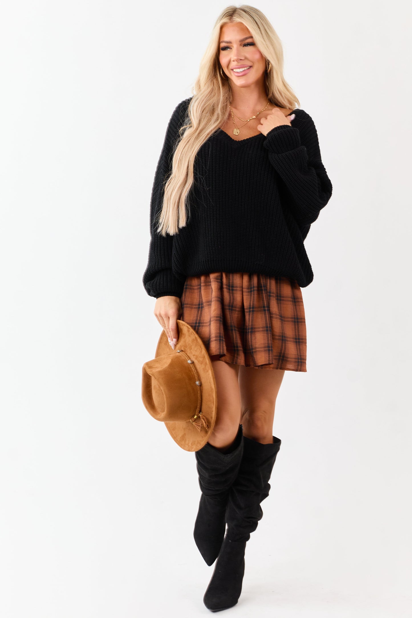 Black V-Neck Rib Knit Relaxed Sweater