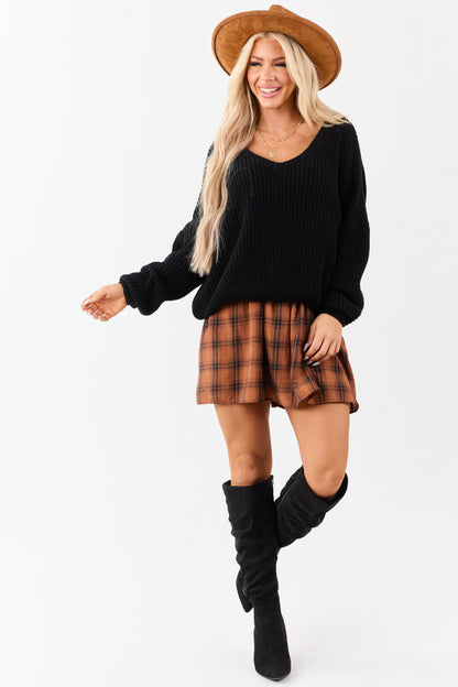 Black V-Neck Rib Knit Relaxed Sweater