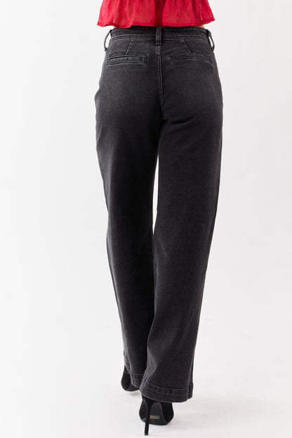 Black Washed Patch Pocket High Rise Wide Leg Jeans