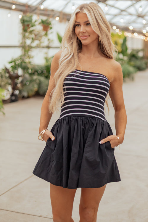 Black and Ivory Striped Strapless Cotton Mini Dress