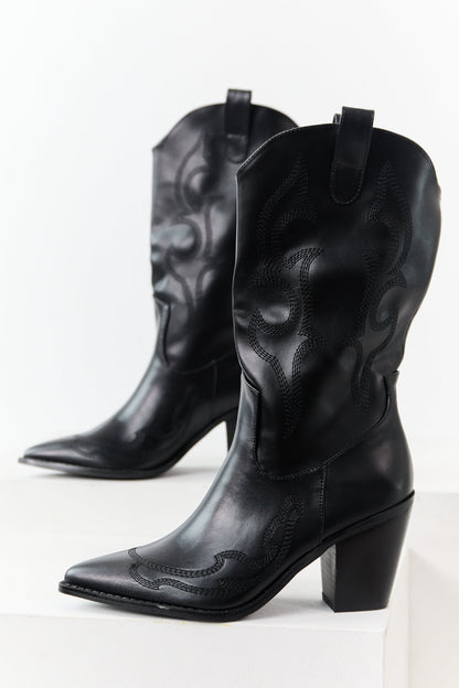 Black Faux Leather Stacked Heel Cowboy Boots