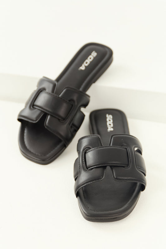 Black Interlaced Faux Leather Strap Sandals
