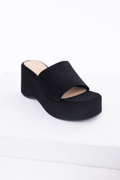 Black Soft Suede Platform Wedge Sandals