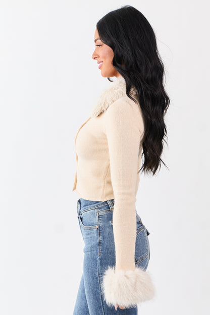 Champagne Faux Fur Trim Cropped Button Up Cardigan