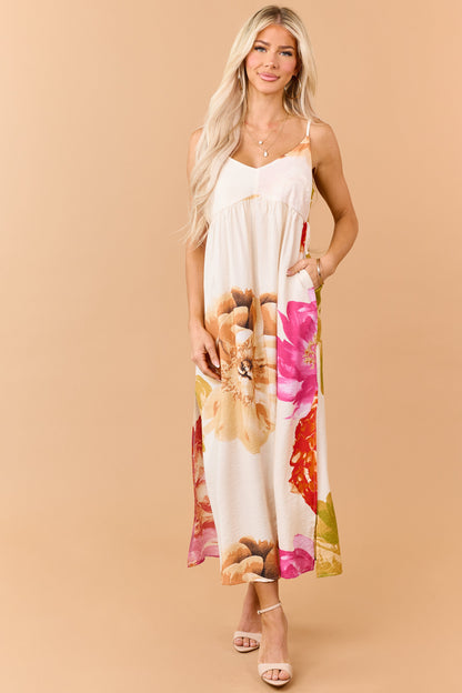 Champagne Floral Print V-Neck Sleeveless Maxi Dress