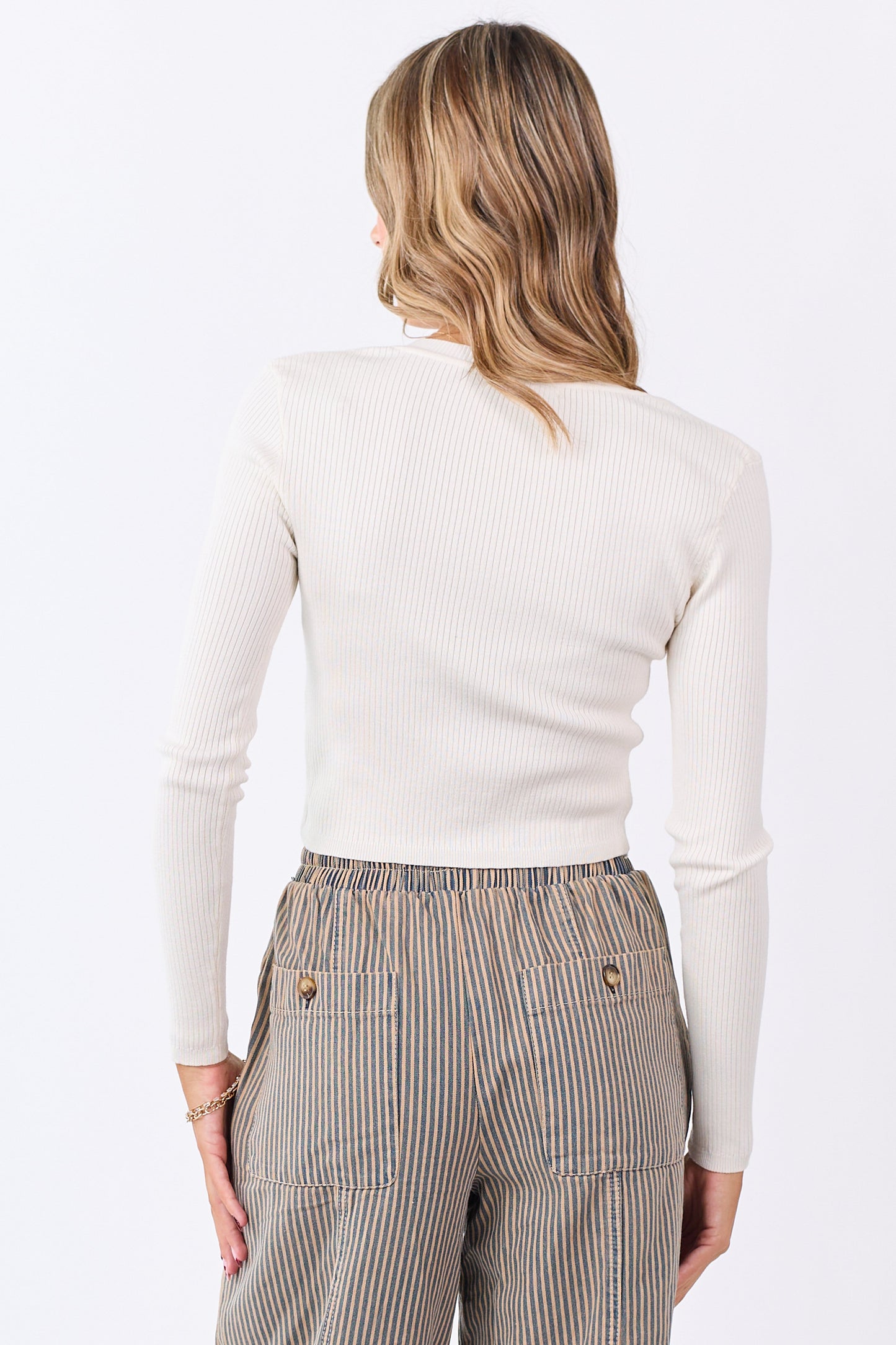 Champagne Rib Knit V-Neck Cropped Sweater Top